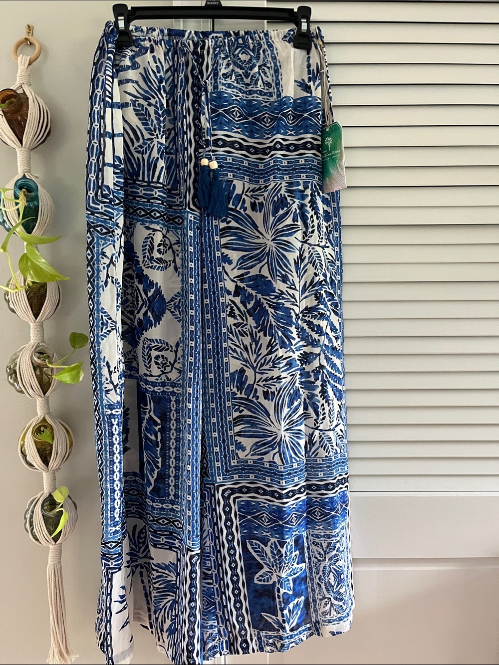 Blue & White Floral Wide-Leg Pants - Lightweight with Kimono Set